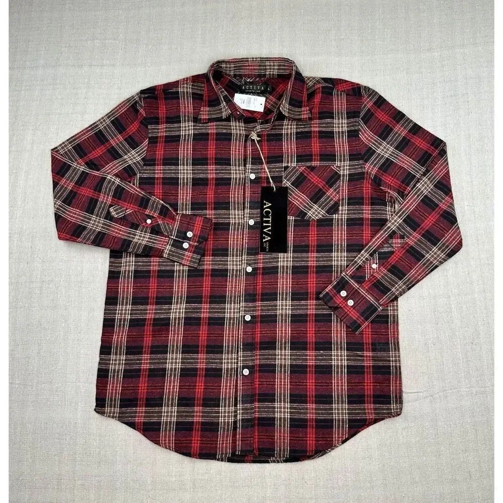 NWT Activa Large Red Black Plaid Button Front Long Sleeve Casual Flannel Shirt
